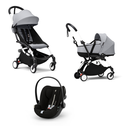 Carucior 3 in 1 pentru copii STOKKE YOYO³, cu landou, scoica auto si pachet de culoare - Stone, cu cadru White