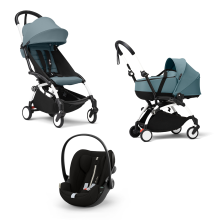 Детска количка 3 в 1 STOKKE YOYO³, с кош, кора за кола и цветен пакет - Aqua, с бяла рамка