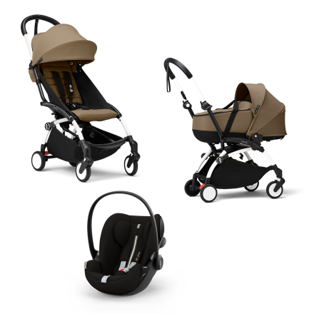 Carucior 3 in 1 pentru copii STOKKE YOYO³, cu landou, scoica auto si pachet de culoare - Toffee, cu cadru White