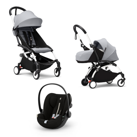 Carucior 3 in 1 pentru copii STOKKE YOYO³, cu pachet nou nascut, scoica auto si pachet de culoare - Stone, cu cadru White