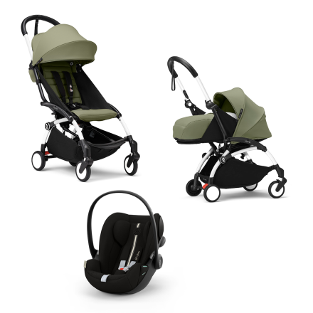 Детска количка 3 в 1 STOKKE YOYO³, с пакет за новородено, кора за кола и цветен пакет - Olive, с бяла рамка