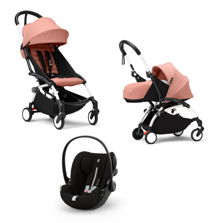 Carucior 3 in 1 pentru copii STOKKE YOYO³, cu pachet nou nascut, scoica auto si pachet de culoare - Ginger, cu cadru White