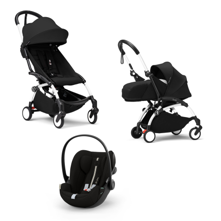 Детска количка 3 в 1 STOKKE YOYO³, с пакет за новородено, кора за кола и цветен пакет - Черен, с Бяла рамка