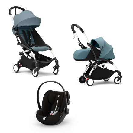 Детска количка 3 в 1 STOKKE YOYO³, с пакет за новородено, кора за кола и цветен пакет - Aqua, с бяла рамка
