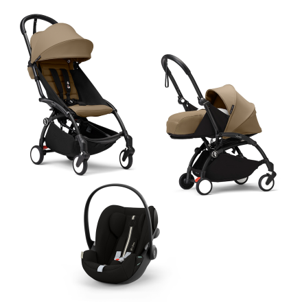 Carucior 3 in 1 pentru copii STOKKE YOYO³, cu pachet nou nascut, scoica auto si pachet de culoare - Toffee, cu cadru Black
