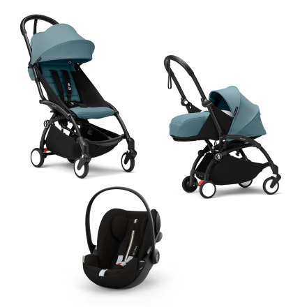Детска количка 3 в 1 STOKKE YOYO³, с пакет за новородено, кора за кола и цветен пакет - Aqua, с черна рамка