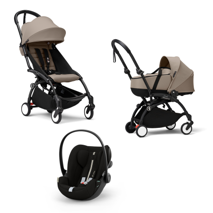 Stokke Yoyo³ Παιδικό Καρότσι 3 σε 1 με Πορτ-μπεμπέ, Βρεφικό Κάθισμα & Πακέτο Υφασμάτων Taupe - Black Σκελετός