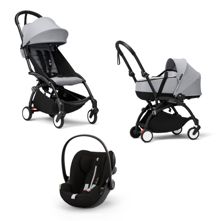 Carucior 3 in 1 pentru copii STOKKE YOYO³, cu landou, scoica auto si pachet de culoare - Stone, cu cadru Black