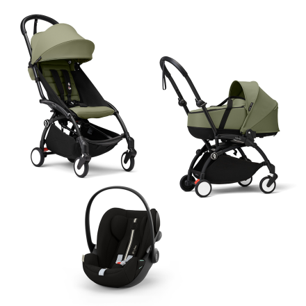 Carucior 3 in 1 pentru copii STOKKE YOYO³, cu landou, scoica auto si pachet de culoare - Olive, cu cadru Black