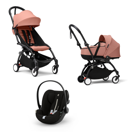 Carucior 3 in 1 pentru copii STOKKE YOYO³, cu landou, scoica auto si pachet de culoare - Ginger, cu cadru Black