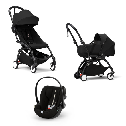 Carucior 3 in 1 pentru copii STOKKE YOYO³, cu landou, scoica auto si pachet de culoare - Black, cu cadru Black