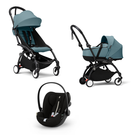 Carucior 3 in 1 pentru copii STOKKE YOYO³, cu landou, scoica auto si pachet de culoare - Aqua, cu cadru Black