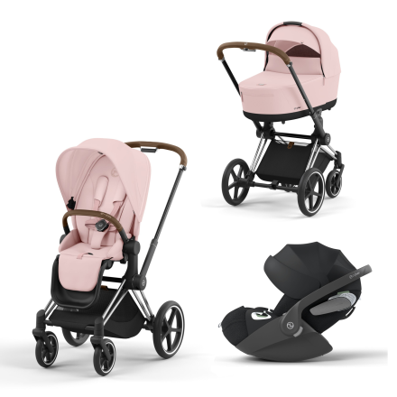 Carucior 3 in 1 pentru copii Cybex Priam 4.0, cu landou si scoica Cloud T Plus - Peach Pink cu cadru Chrome Brown