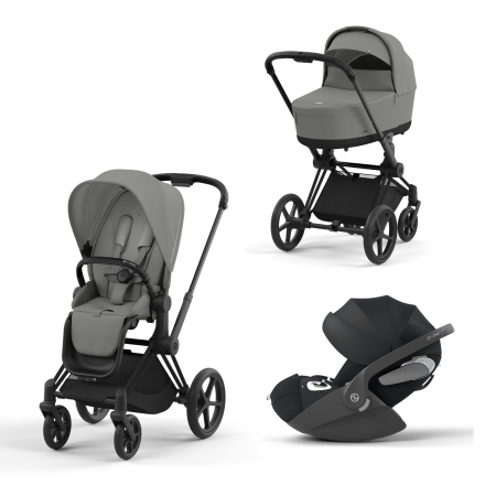 Carucior 3 in 1 pentru copii Cybex Priam 4.0, cu landou si scoica Cloud T Plus - Mirage Grey cu cadru Matt Black