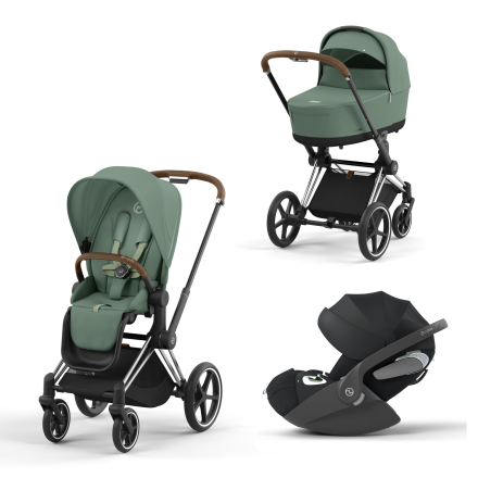 Carucior 3 in 1 pentru copii Cybex Priam 4.0, cu landou si scoica Cloud T Plus - Leaf Green cu cadru Chrome Brown