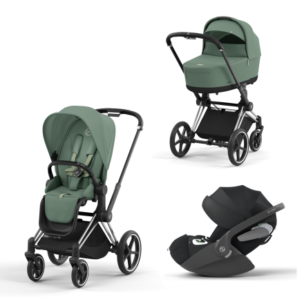 Carucior 3 in 1 pentru copii Cybex Priam 4.0, cu landou si scoica Cloud T Plus - Leaf Green cu cadru Chrome Black