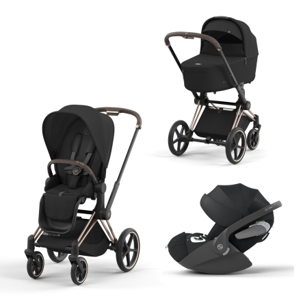 Carucior 3 in 1 pentru copii Cybex Priam 4.0, cu landou si scoica Cloud T Plus - Sepia Black cu cadru Rosegold