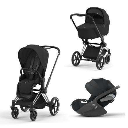 Carucior 3 in 1 pentru copii Cybex Priam 4.0, cu landou si scoica Cloud T Plus - Sepia Black cu cadru Chrome Black
