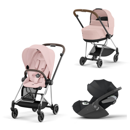 Carucior 3 in 1 pentru copii Cybex Mios 3.0, cu landou si scoica Cloud T Plus - Peach Pink cu cadru Chrome Brown