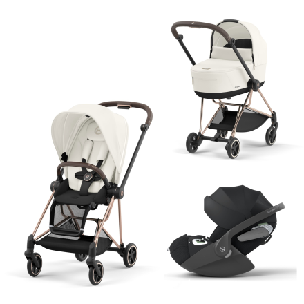 Carucior 3 in 1 pentru copii Cybex Mios 3.0, cu landou si scoica Cloud T Plus - Off White cu cadru Rosegold