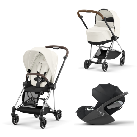 Carucior 3 in 1 pentru copii Cybex Mios 3.0, cu landou si scoica Cloud T Plus - Off White cu cadru Chrome Brown