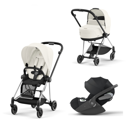 Carucior 3 in 1 pentru copii Cybex Mios 3.0, cu landou si scoica Cloud T Plus - Off White cu cadru Chrome Black