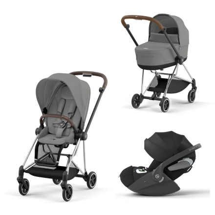 Carucior 3 in 1 pentru copii Cybex Mios 3.0, cu landou si scoica Cloud T Plus - Mirage Grey cu cadru Chrome Brown
