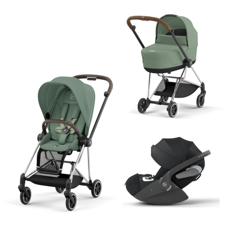 Carucior 3 in 1 pentru copii Cybex Mios 3.0, cu landou si scoica Cloud T Plus - Leaf Green cu cadru Chrome Brown