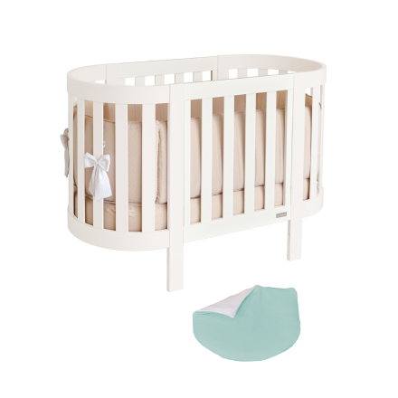 Patut pentru copii oval Italbaby, colectia Evoc, din lemn masiv de fag, evolutiv, Aqua cu cadru Latte