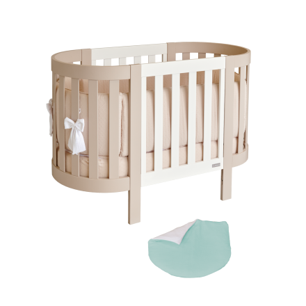 Patut pentru copii oval Italbaby, colectia Evoc, din lemn masiv de fag, evolutiv, Aqua cu cadru Choco