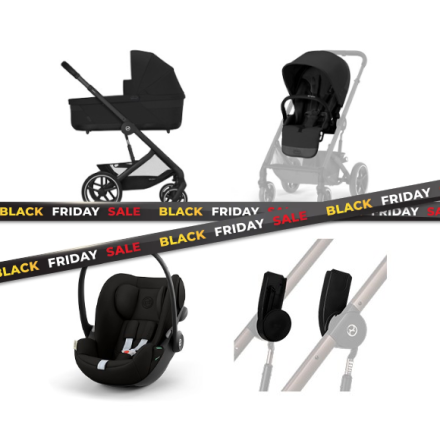 Pachet promotional 3 in 1 Balios S Lux pentru copii, cu landou si scoica auto Cloud G, Moon Black cu cadru Black