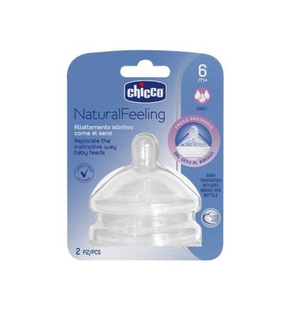 Комплект от 2 силиконови биберона Chicco Natural Feeling, бърз поток, 6+ месеца