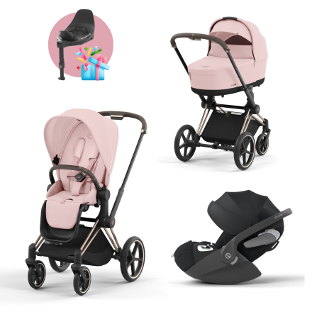Carucior 3 in 1 pentru copii Cybex Priam 4.0, cu landou si scoica Cloud T Plus - Peach Pink cu cadru Rosegold