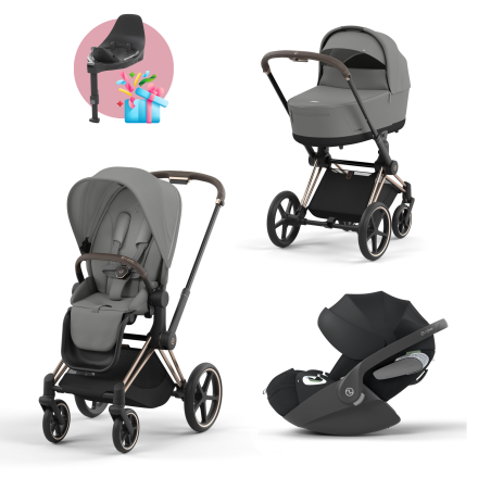 Carucior 3 in 1 pentru copii Cybex Priam 4.0, cu landou si scoica Cloud T Plus - Mirage Grey cu cadru Rosegold	