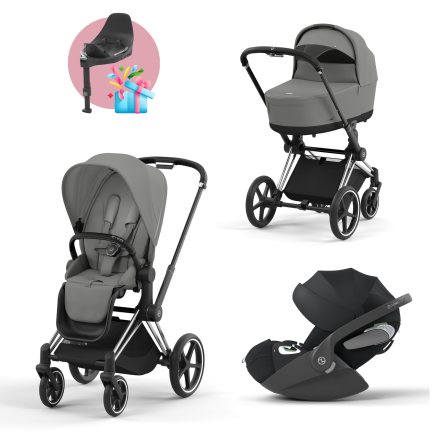 Carucior 3 in 1 pentru copii Cybex Priam 4.0, cu landou si scoica Cloud T Plus - Mirage Grey cu cadru Chrome Black
