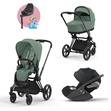 Carucior 3 in 1 pentru copii Cybex Priam 4.0, cu landou si scoica Cloud T Plus - Leaf Green cu cadru Matt Black
