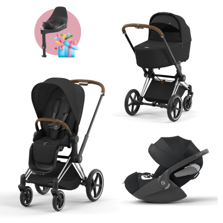 Carucior 3 in 1 pentru copii Cybex Priam 4.0, cu landou si scoica Cloud T Plus - Sepia Black cu cadru Chrome Brown