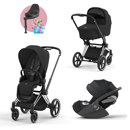 Carucior 3 in 1 pentru copii Cybex Priam 4.0, cu landou si scoica Cloud T Plus - Sepia Black cu cadru Chrome Black