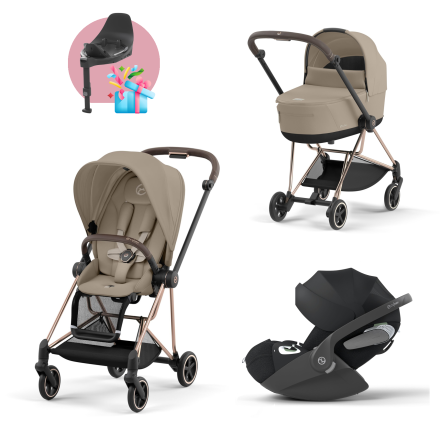 Carucior 3 in 1 pentru copii Cybex Mios 3.0, cu landou si scoica Cloud T Plus - Cozy Beige cu cadru Rosegold