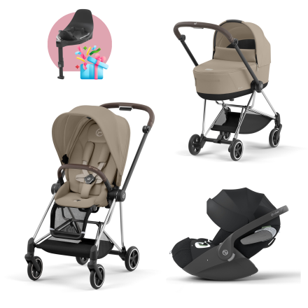 Carucior 3 in 1 pentru copii Cybex Mios 3.0, cu landou si scoica Cloud T Plus - Cozy Beige cu cadru Chrome Brown