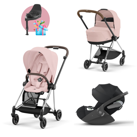 Carucior 3 in 1 pentru copii Cybex Mios 3.0, cu landou si scoica Cloud T Plus - Peach Pink cu cadru Chrome Brown