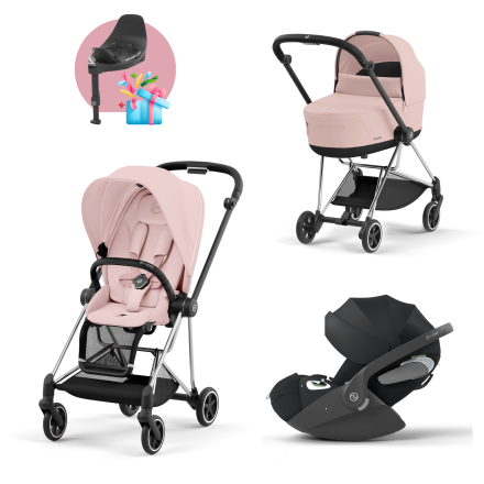 Carucior 3 in 1 pentru copii Cybex Mios 3.0, cu landou si scoica Cloud T Plus - Peach Pink cu cadru Chrome Black