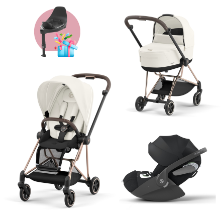 Carucior 3 in 1 pentru copii Cybex Mios 3.0, cu landou si scoica Cloud T Plus - Off White cu cadru Rosegold