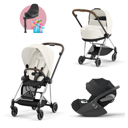 Carucior 3 in 1 pentru copii Cybex Mios 3.0, cu landou si scoica Cloud T Plus - Off White cu cadru Chrome Brown