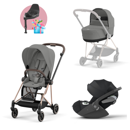 Carucior 3 in 1 pentru copii Cybex Mios 3.0, cu landou si scoica Cloud T Plus - Mirage Grey cu cadru Rosegold