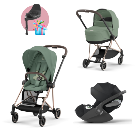 Carucior 3 in 1 pentru copii Cybex Mios 3.0, cu landou si scoica Cloud T Plus - Leaf Green cu cadru Rosegold
