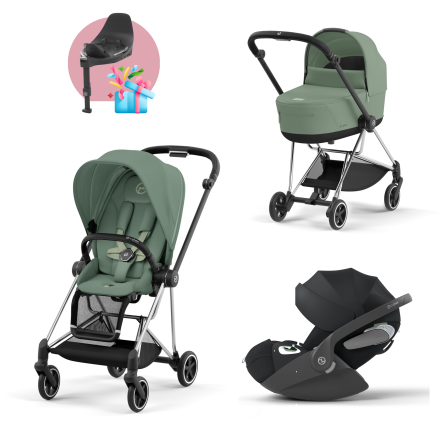 Carucior 3 in 1 pentru copii Cybex Mios 3.0, cu landou si scoica Cloud T Plus - Leaf Green cu cadru Chrome Black