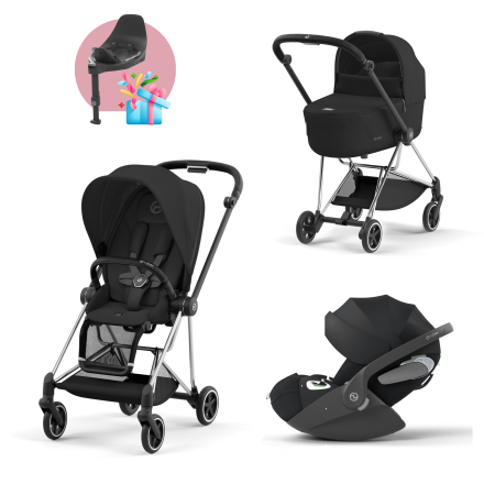 Carucior 3 in 1 pentru copii Cybex Mios 3.0, cu landou si scoica Cloud T Plus - Sepia Black cu cadru Chrome Black