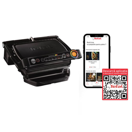 Gratar electric inteligent Tefal OptiGrill+ Snacking & Baking GC714834, 6 programe, accesorii gustari si copt, negru