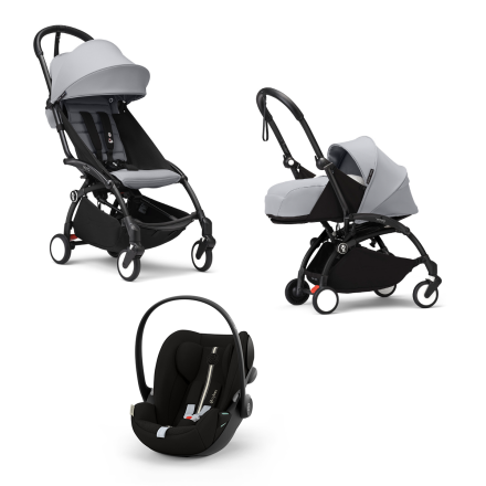 Carucior 3 in 1 pentru copii STOKKE YOYO³, cu pachet nou nascut, scoica auto si pachet de culoare - Stone, cu cadru Black